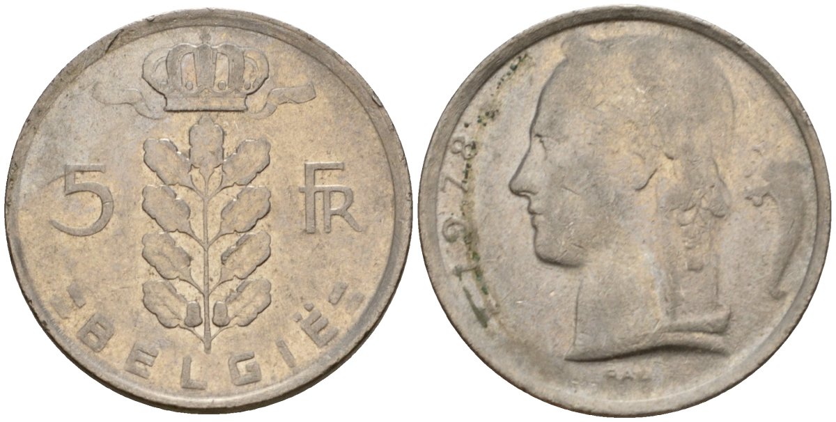 Бельгия 5 франков 1978 Belgie, Бодуэн I (1951-1993) KM 135 медно-никель 4398-141