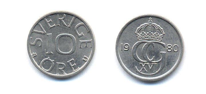 Швеция 10 эре 1980 Карл XVI Густав (1973- ) KM 850 медно-никель 51-5225