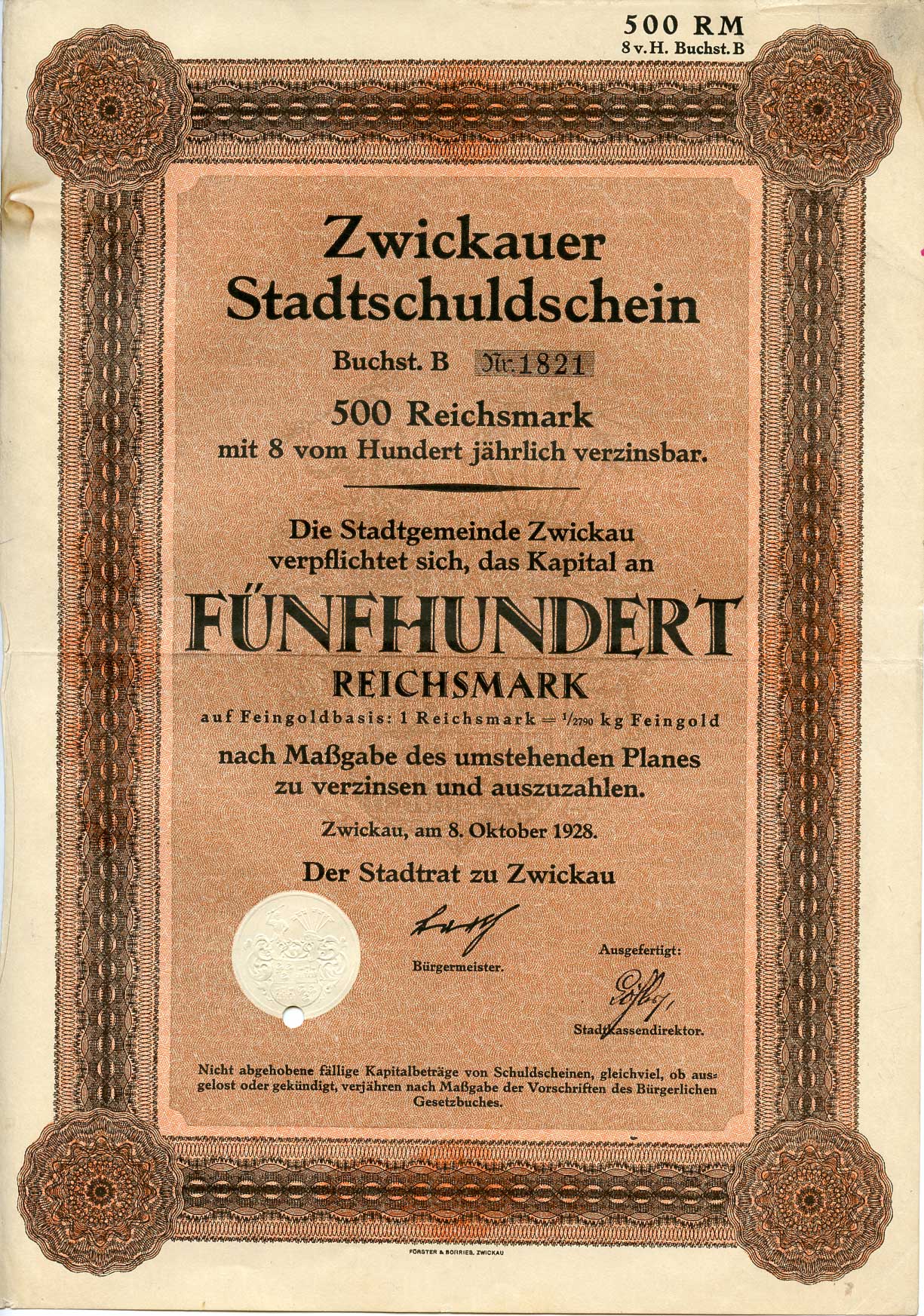 Германия 500 рейхсмарок 1928 Город Цвиккау долговая расписка 8%, облигация   бумага  8802-16-1