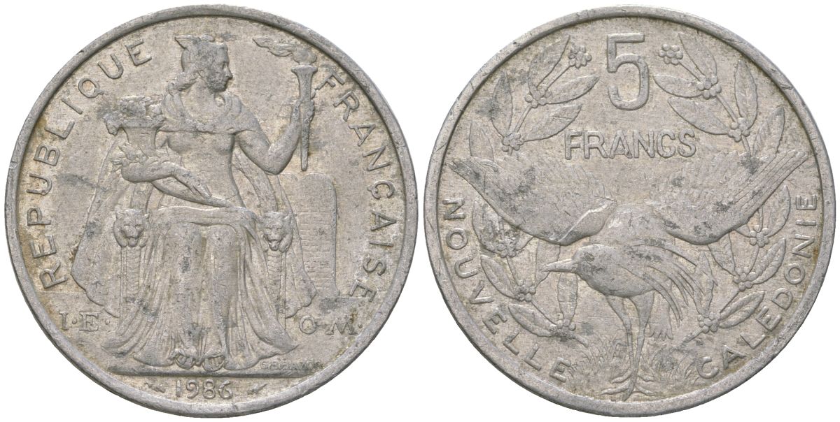 Французская Новая Каледония 5 франков 1986 птица кагу, (IEOM) KM 16, Schoen 12, Lec 76 алюминий 180-1023