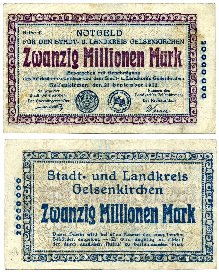 ГЕЛЬЗЕНКИРХЕН 20000000 марок (20 миллионов) 1923 21 сентября 1923, нотгельд, земля Северный Рейн-Вестфалия, REIHE C Keller 1710s бумага 2193-31-2-1