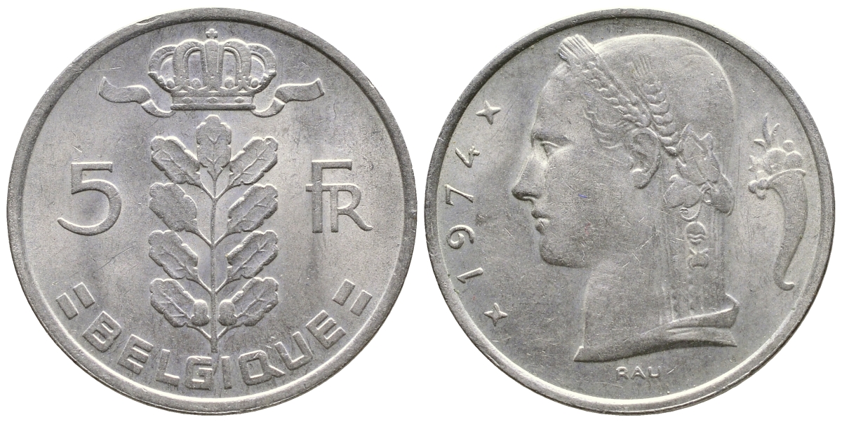 Бельгия 5 франков 1974 Belgique KM 134.1 медно-никель    4603-1035