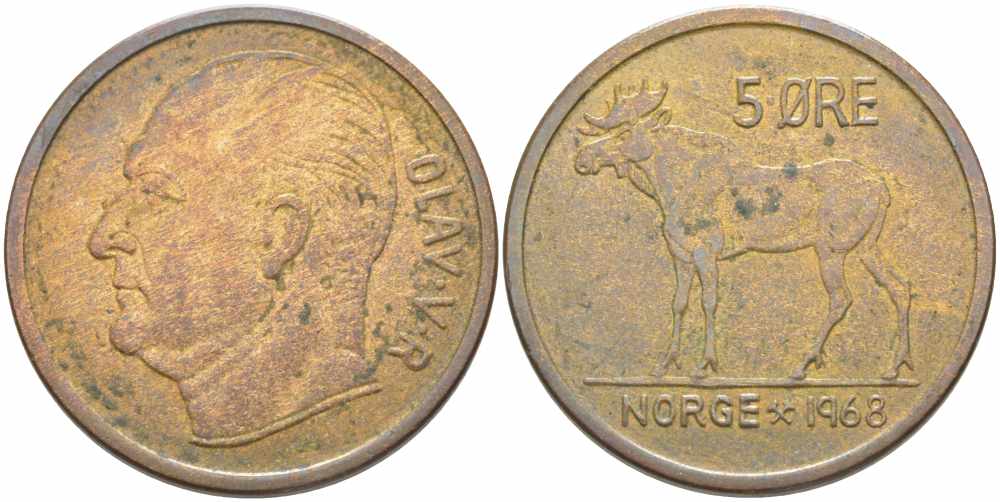 НОРВЕГИЯ 5 ЭРЕ 1968 ЛОСЬ, УЛАФ V (1957-1991) KM 405 бронза 72-1512