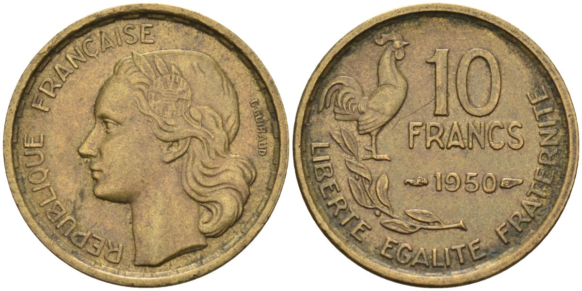 Франция 10 франков 1950 петух KM 915.1, Le Franc 363.2 алюминиевая бронза 188-529