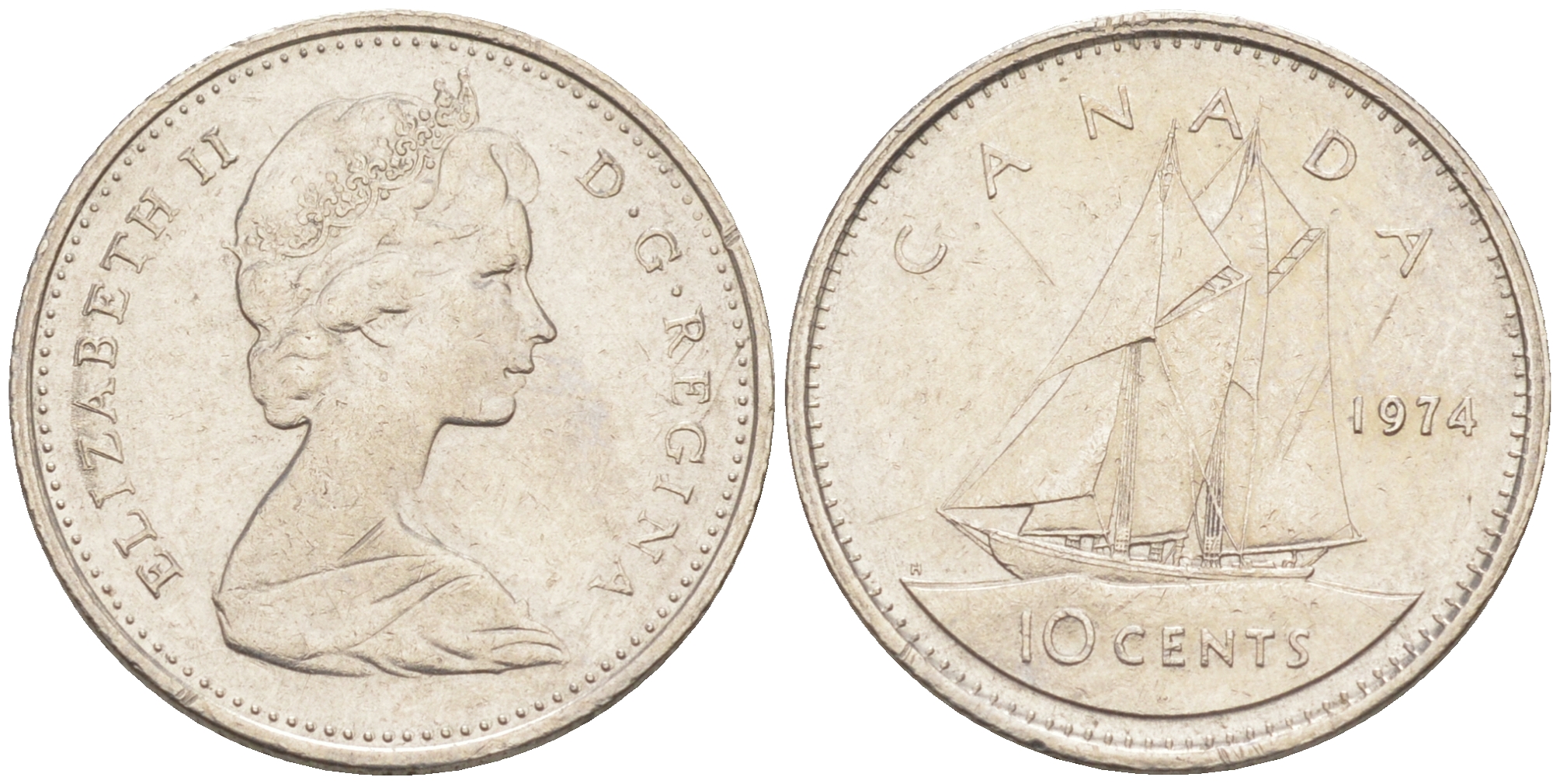 КАНАДА 10 ЦЕНТОВ 1974 ПАРУСНИК KM 77.1 никель 188-1031