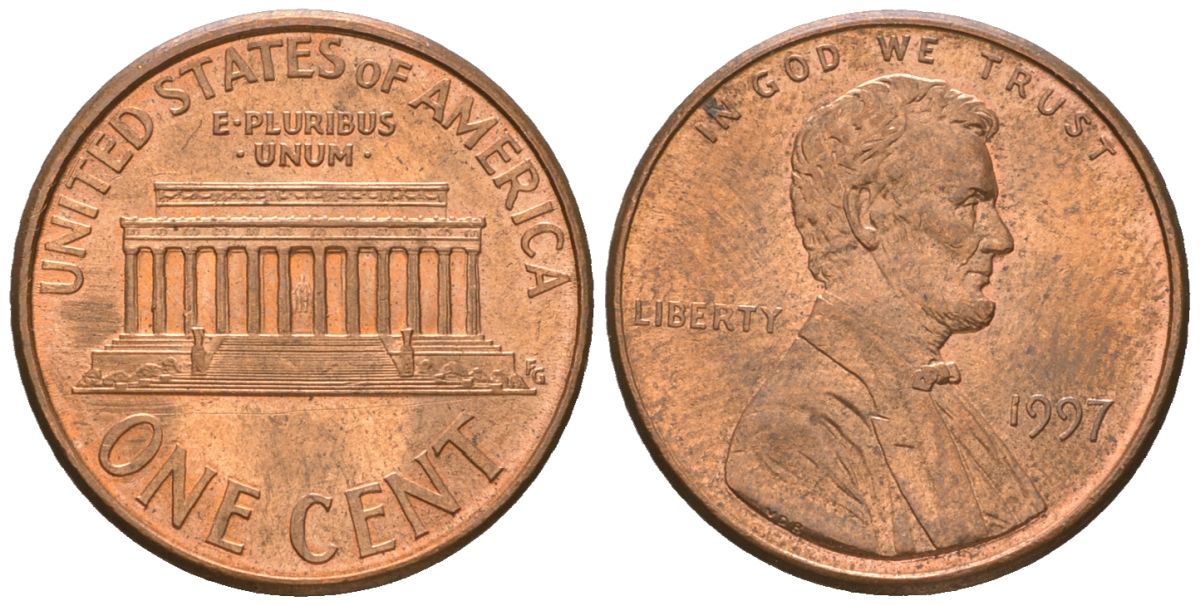 США 1 цент 1997 Авраам Линкольн KM 201b цинк плакированная медью aUNC 220-1166