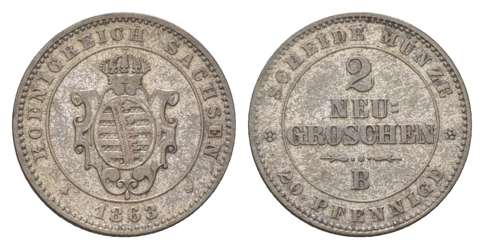 Саксония 2 гроша 1863 B, Иоганн (1854-1873) KM 1220 серебро 4625-1013