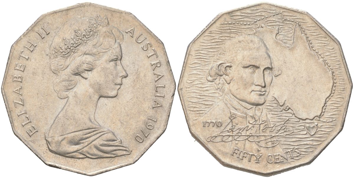 Австралия 50 центов 1970 200 лет австралийскому путешествию капитана Кука KM 69 медно-никель UNC 4512-916