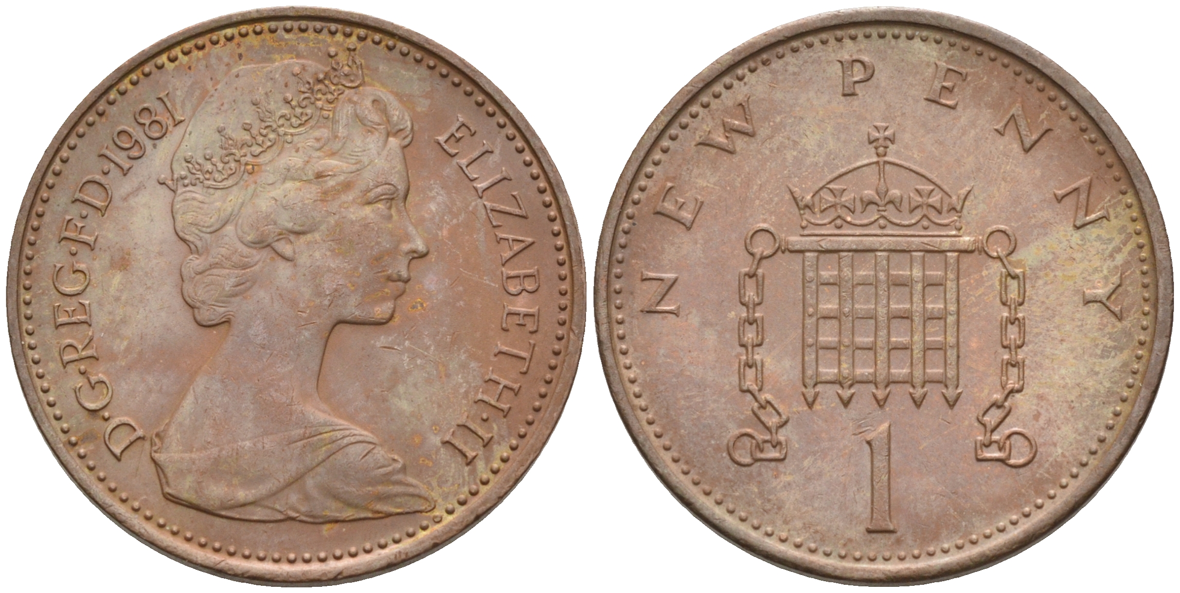 Великобритания 1 пенни 1981 Елизавета II (1952-2022) KM 915, Spink 4237 (B1) бронза 4594-119