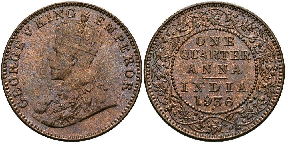 Британская Индия 1/4 анна 1936 Георг V (1910-1936) KM 512 бронза UNC 94-234