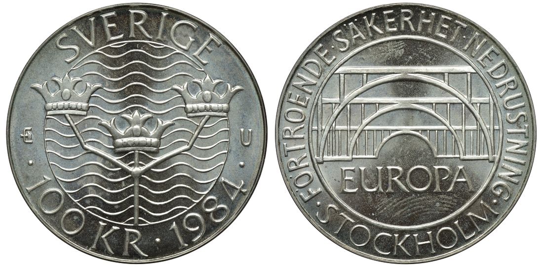 Швеция 100 крон 1984 Карл XVI Густав (1973- ), Стокгольмская конференция KM 863 серебро BUNC 4111-1224