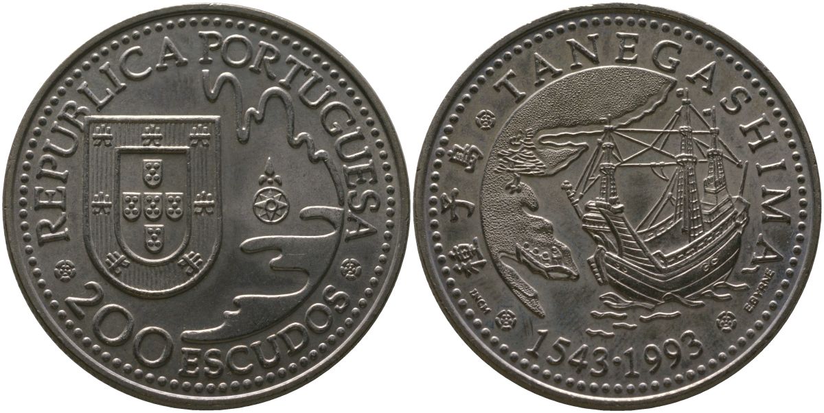 Португалия 200 эскудо 1993 INCM, 450 лет с момента первой высадки в Японии на острове Танегасима KM 665 медно-никель aUNC 118-1034