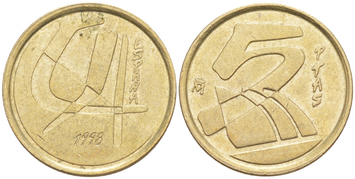 ИСПАНИЯ 5 ПЕСЕТ 1998 ХУАН КАРЛОС I (1975-) KM 833 алюминиевая бронза 4549-853