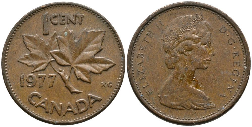 Канада 1 цент 1977 Елизавета II (1952-2022), кленовый лист KM 59.1 бронза 4549-363