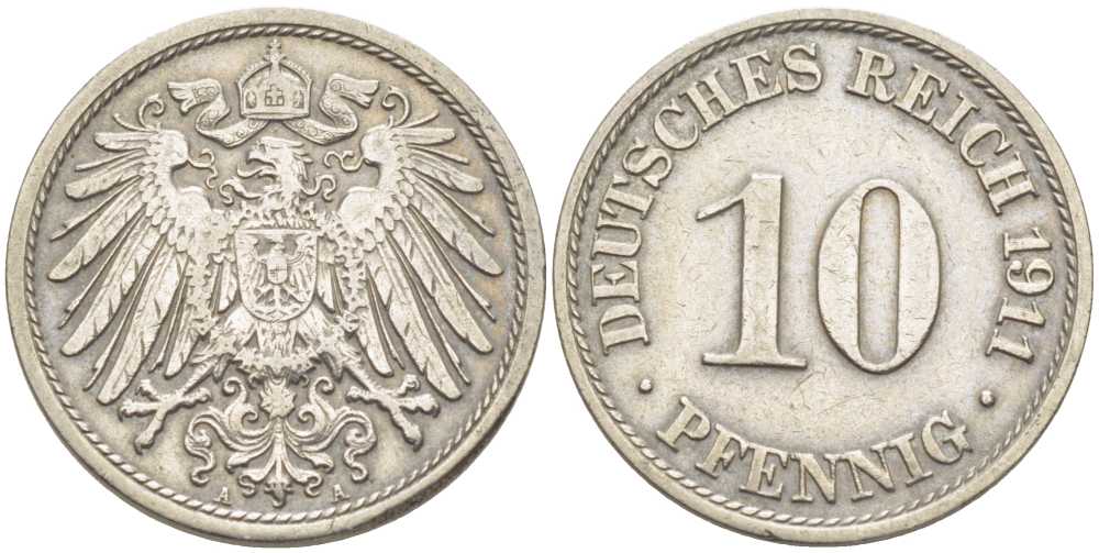 ГЕРМАНИЯ 10 ПФЕННИГОВ 1911 А KM 12, J. 13 медно-никель 210-655