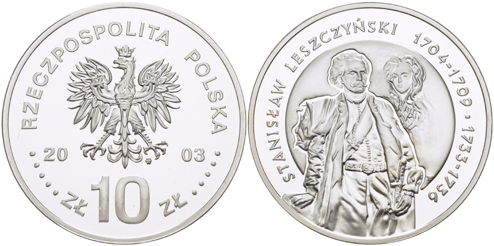 Польша 10 злотых 2003 MW, король польский и великий князь литовский Станислав Лещинский (1704-1709) (1733-1736) KM 475 серебро PROOF 1080-9-55