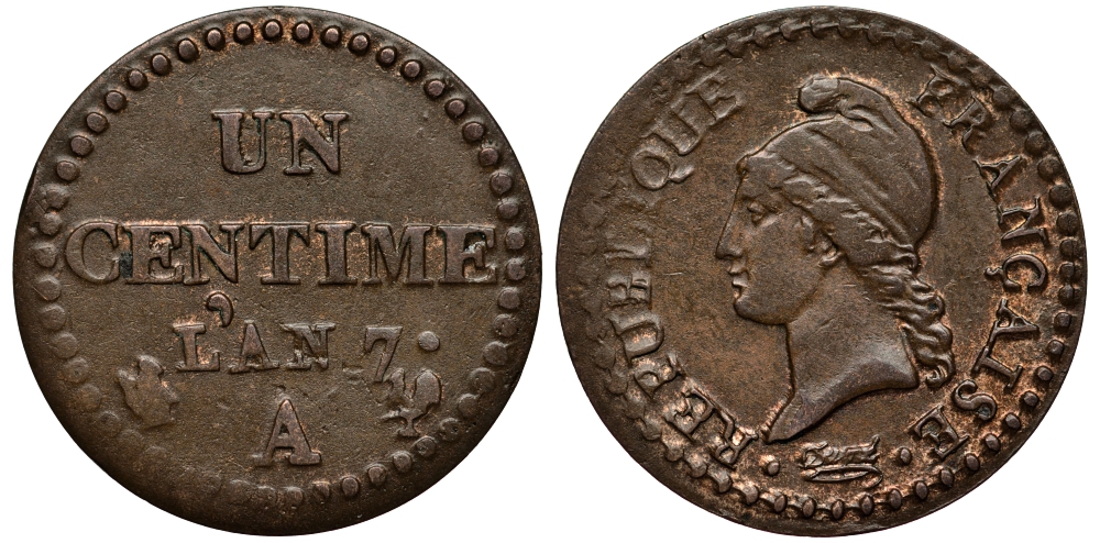 Франция 1 сантим L AN 7 А, Исполнительная директория (1795-1799) KM 646 (C 134) бронза 201-348