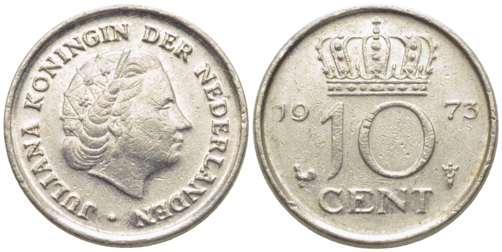 НИДЕРЛАНДЫ 10 ЦЕНТОВ 1973 ЮЛИАНА KM 182 никель 112-347