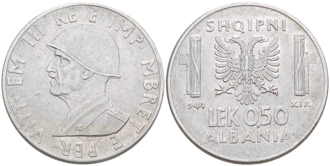 Албания 0,50 лека 1940 R, Итальянская оккупация KM 30 нержавеющая сталь 4538-154