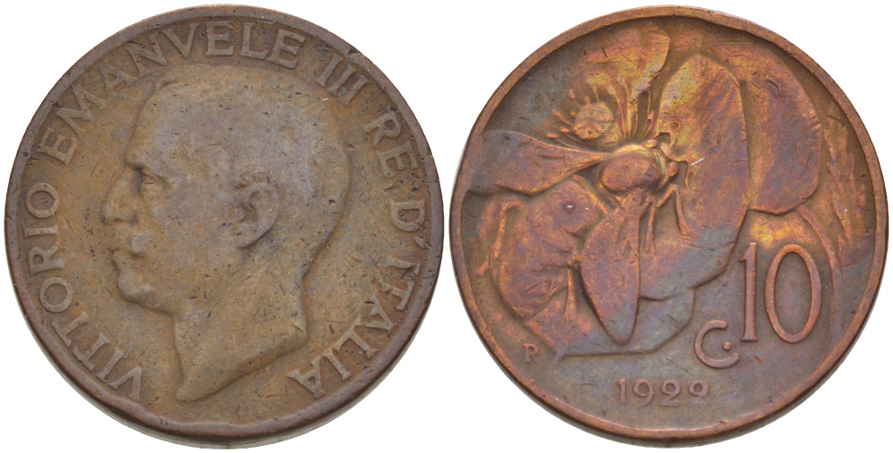 ИТАЛИЯ 10 ЧЕНТЕЗИМО 1922 R, ВИКТОРИО ЭМАНУИЛ III, ПЧЕЛА KM 60 медь 4544-1051
