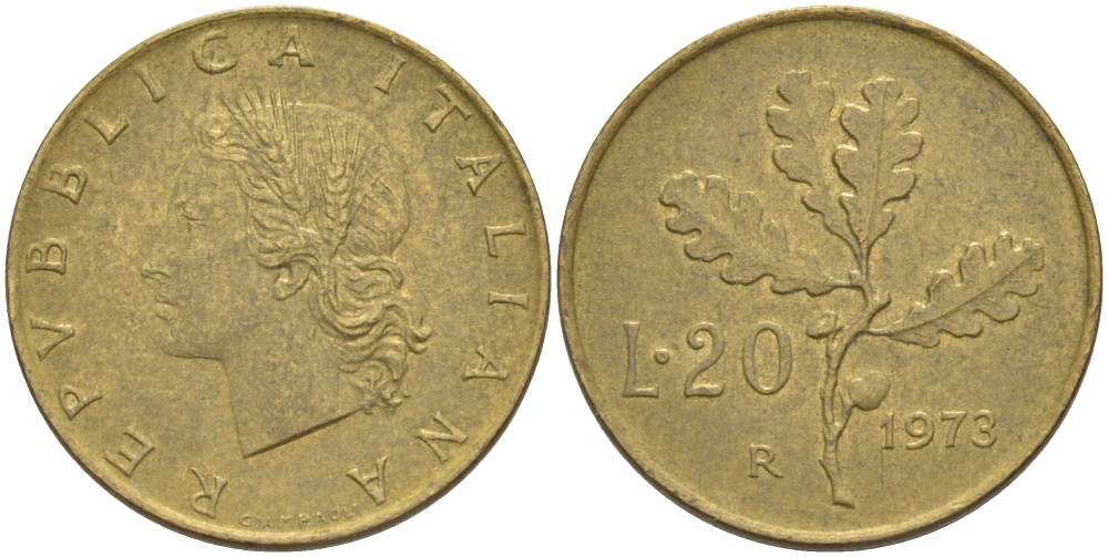 ИТАЛИЯ 20 ЛИР 1973 R, ДУБОВЫЕ ЛИСТЬЯ KM 97.2 алюминиевая бронза 4551-254