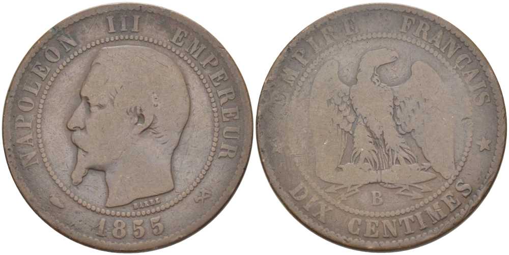 ФРАНЦИЯ 10 САНТИМОВ 1855 В, НАПОЛЕОН III (1852-1870) KM 771.2, LE FRANC 133.20 бронза 111-1024