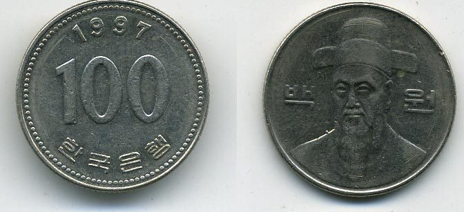 Южная Корея 100 вон 1997 Ли-Сунсин, корейский флотоводец KM 35.2 медно-никель 54-466