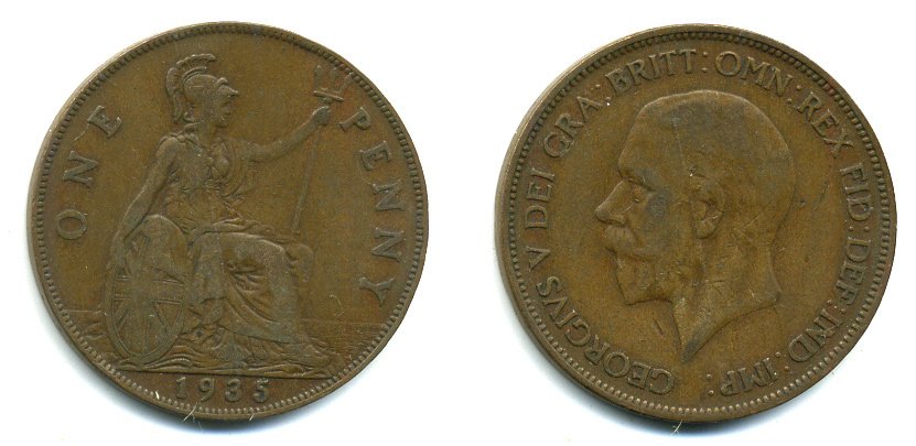 Великобритания 1 пенни 1935 Георг V (1910-1936) КМ 838, Spink 4055 бронза 41-1221