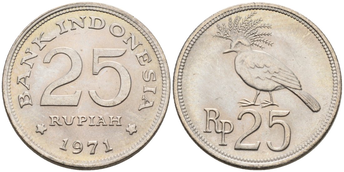 Индонезия 25 рупий 1971 венценосный голубь KM 34 медно-никель 92-911