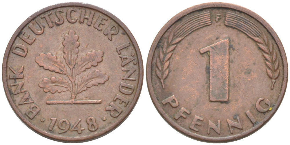 ФРГ 1 ПФЕННИГ 1948 F KM A101, J. 376 сталь плакированная медью 4181-528