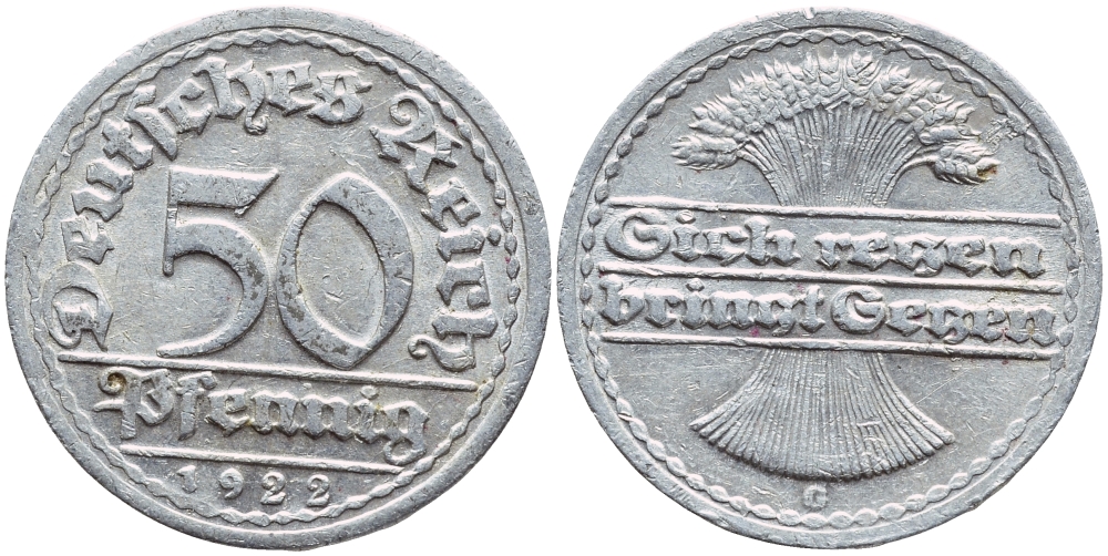 ГЕРМАНИЯ 50 ПФЕННИГОВ 1922 G KM 27, J. 301, Weege 10 алюминий 4397-633