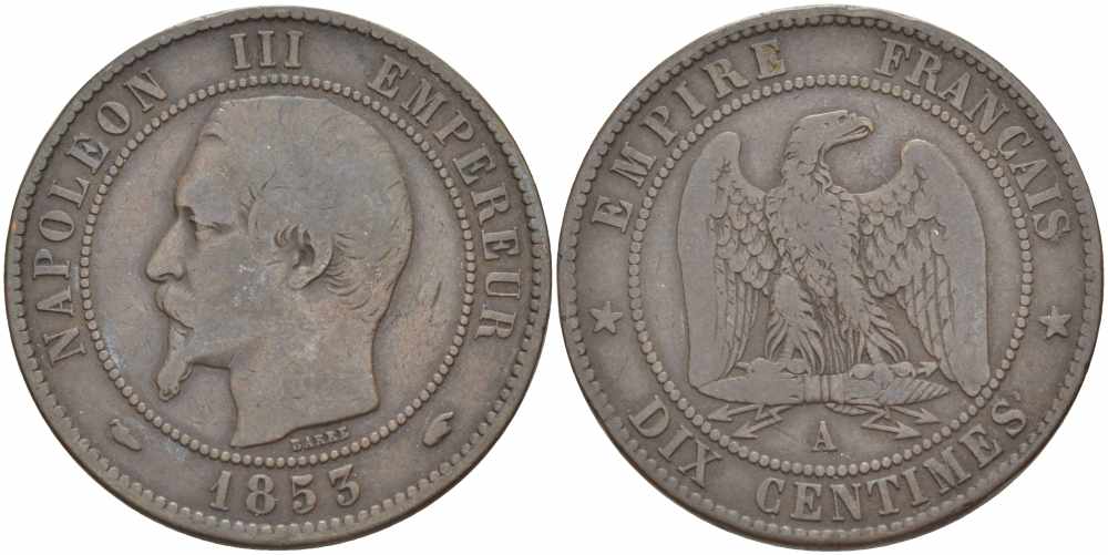 Франция 10 сантимов 1855 A, Наполеон III (1852-1870) KM 771.1, Le Franc 133.18 бронза    4680-512