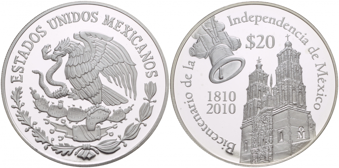 Мексика 20 песо 2010 200 лет независимости Мексики, 200 лет независимости Мексики, колокол прихода Долорес KM NEW серебро PROOF 06-241-43