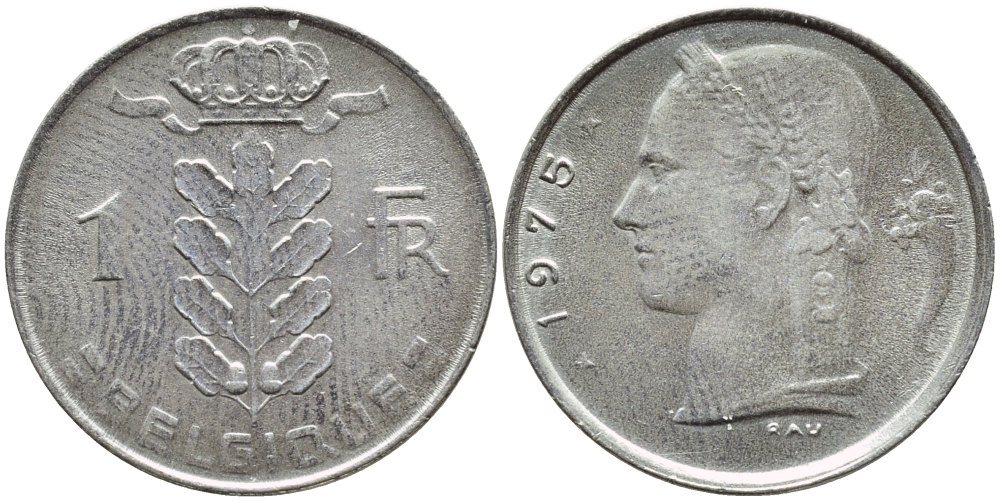 БЕЛЬГИЯ 1 ФРАНК 1975 BELGIQUE KM 142.1 медно-никель 4381-556