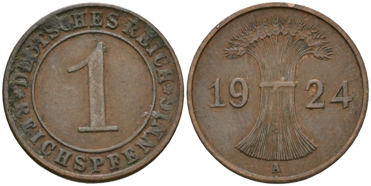 Германия 1 рейхспфенниг 1924 A KM 37, J. 313 бронза 4189-1058