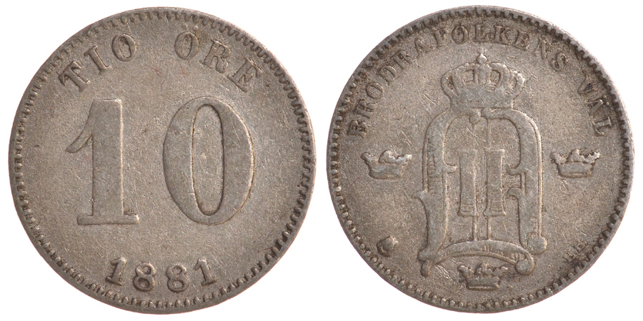 Швеция 10 эре 1881 Оскар II (1872-1907) король Швеции и Норвегии KM 755 серебро 4179-515