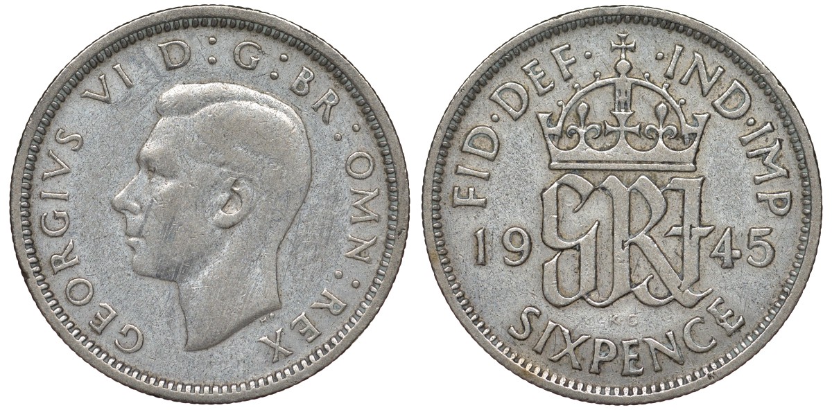 Великобритания 6 пенсов 1945 Георг VI (1936-1952) KM 852, Spink 4084 серебро 4124-742