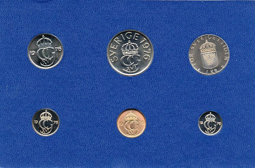 Швеция набор монетного двора из 6 монет 1976 в картоне, Карл XVI Густав (1973- ) KM MS4 UNC 7-5-7-214