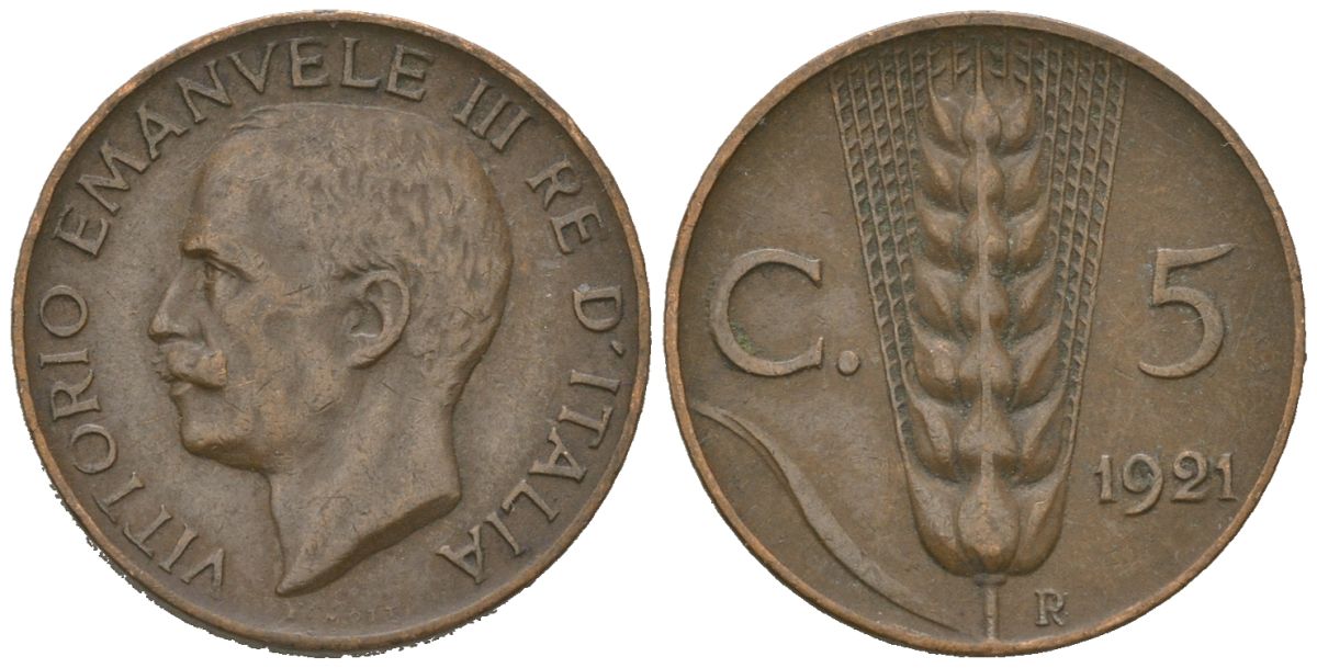 Италия 5 чентезимо 1921 R, Виктор Эммануил III (1900-1946) KM 59 бронза 4615-618