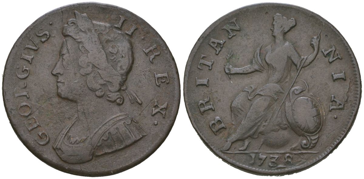 Великобритания 1/2 пенни 1738 Георг II (1727-1760) KM 566, Spink 3717 медь 4590-714