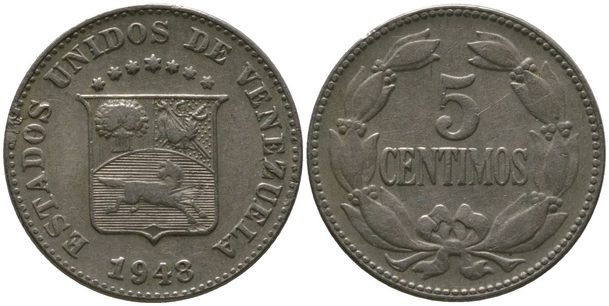 Венесуэла 5 сентимо 1948 KM 29a медно-никель 4576-612