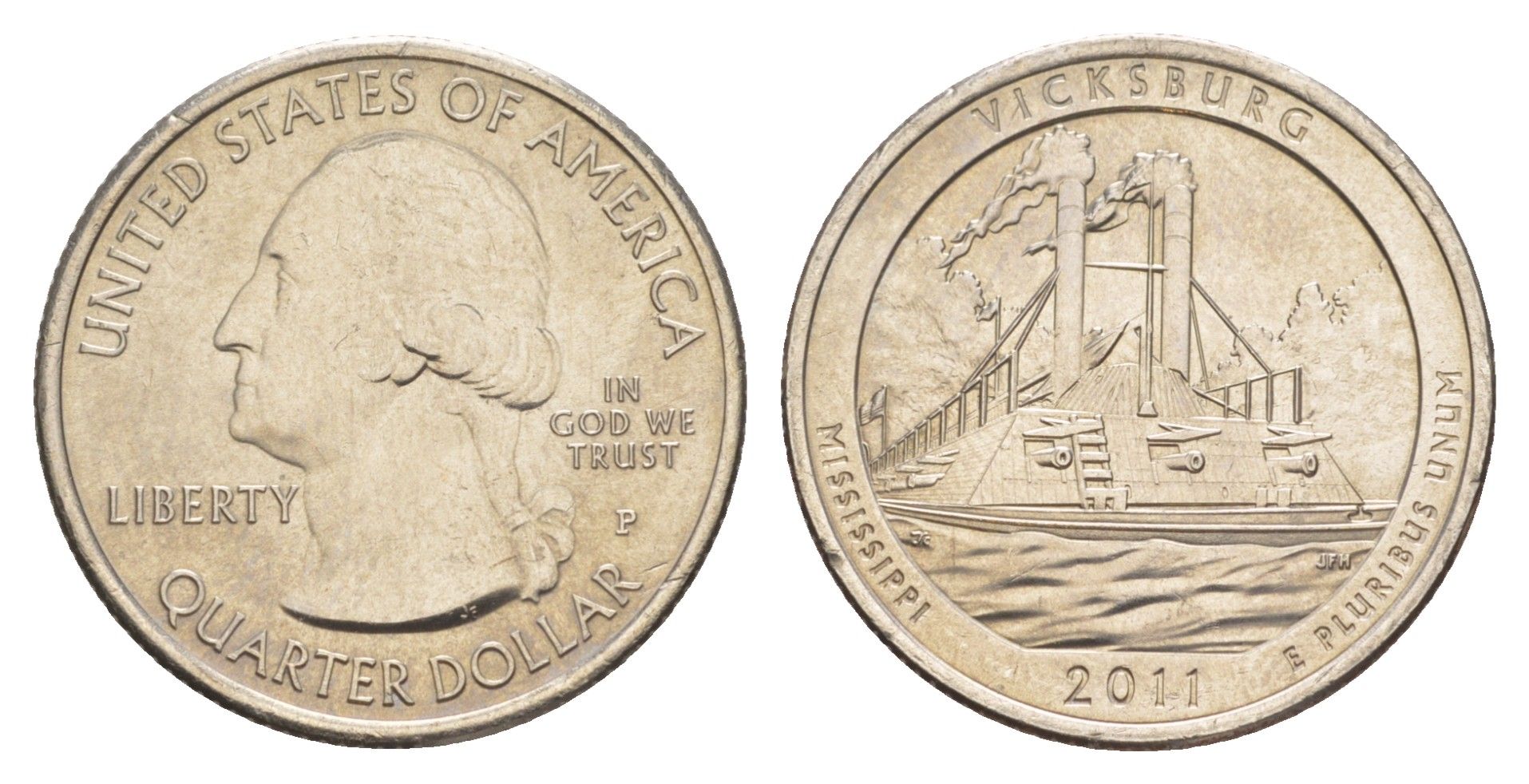 США 25 центов (квотер, 1/4 доллара) 2011 P, Квотеры «Парки США» - Национальный парк Виксбург KM 497 медь плакированная медно-никелем UNC 4638-421