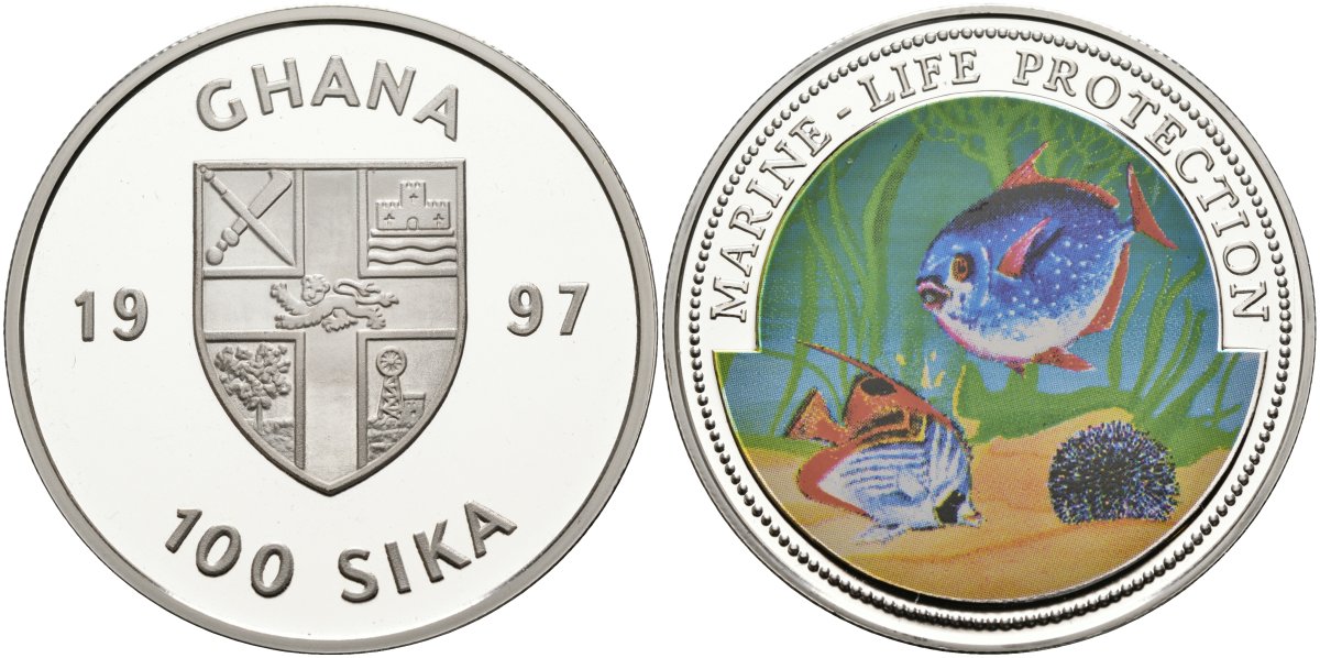 Гана 100 сика 1997 серия защита морской жизни, две рыбки, цветная эмаль KM Х#22а серебро PROOF 00-000-00