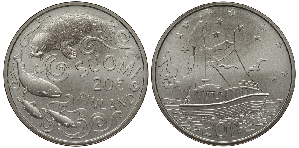 Финляндия 20 евро 2011 защита Балтийского моря, нерпа, сертификат KM 169 a серебро UNC 1066-10-45