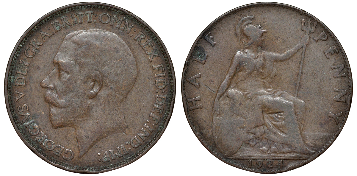 Великобритания 1/2 пенни 1924 Георг V (1910-1936) KM 809, Spink 4056 бронза 51-1237
