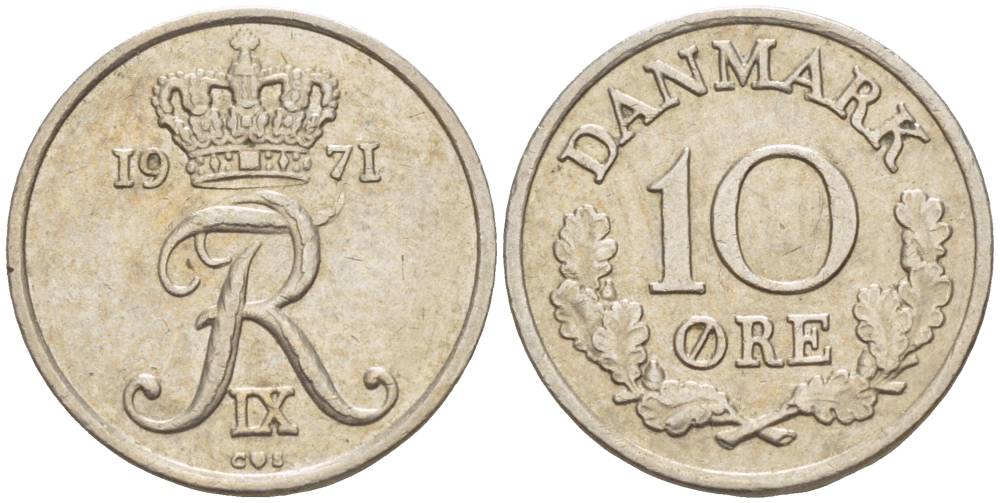 ДАНИЯ 10 ЭРЕ 1971 C; S, ФРЕДЕРИК IX (1947-1972) KM 849.1 медно-никель 4551-142
