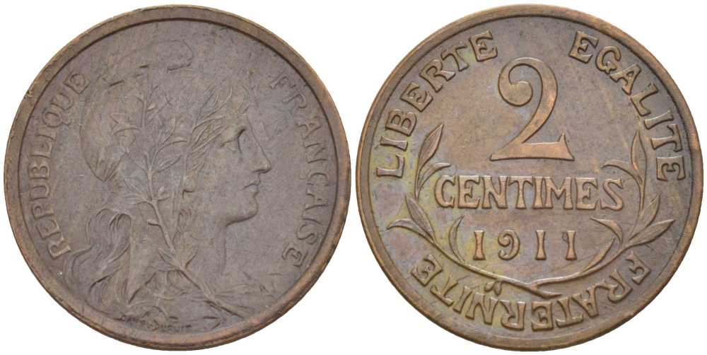 ФРАНЦИЯ 2 САНТИМА 1911 ТРЕТЬЯ РЕСПУБЛИКА (1871-1940) KM 840, LE FRANC 105.13 бронза 201-844