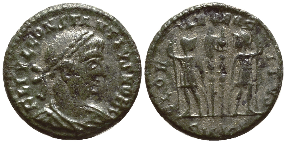 Римская Империя центенионалий 332 Констанций II цезарь GLORIA EXERCITVS Кизик Good Very fine (степень редкости R4) RIC 101 бронза 270-212