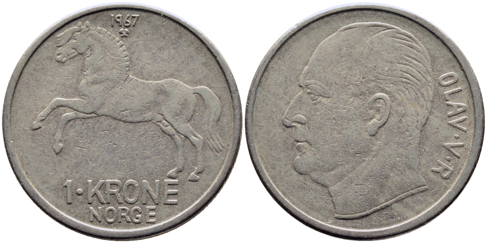 НОРВЕГИЯ 1 КРОНА 1967 ЛОШАДЬ KM 409 медно-никель 51-2755