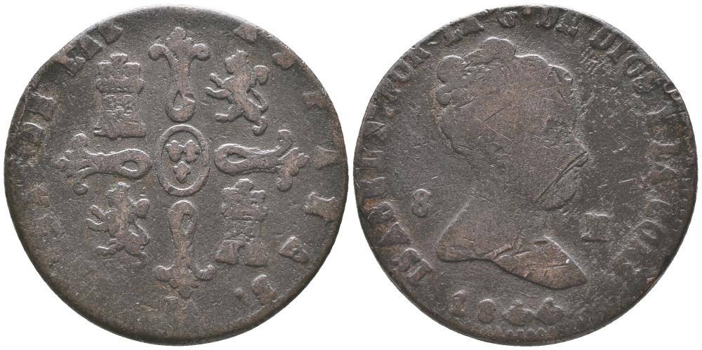 ИСПАНИЯ 8 МАРАВЕДИ 1844 J, JA, КОРОЛЕВА ИЗАБЕЛЛА II (1833-1868) KM 531.2 медь 41-837